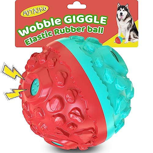 MITAIKO Dog Toy Ball for Aggressive Chewers, Interactive Fetch Dog Ball with Fun Squeaky Giggle Sound, Durable for Small Medium Large Dogs, Non-Toxic Elastic Rubber Pet Chew Toys, Blue & Red