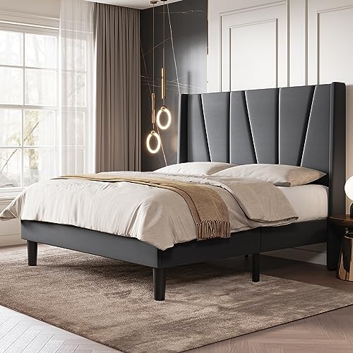 SHA CERLIN Queen Size Bed Frame with Geometric Wingback Headboard, Upholstered Platform Bed with Wooden Slats Support, 8' Under-Bed Space,Noise-Free,No Box Spring Needed,Easy Assembly,Grey