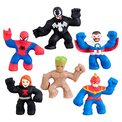 Heroes of Goo Jit Zu Marvel Minis - Mega 6 Pack. 6 Squishy, Stretchy, Gooey Mini Marvel Heroes 2.5' Tall - Spider-Man, Captain America-Sam Wilson, Venom, Captain Marvel, Groot and Black Widow