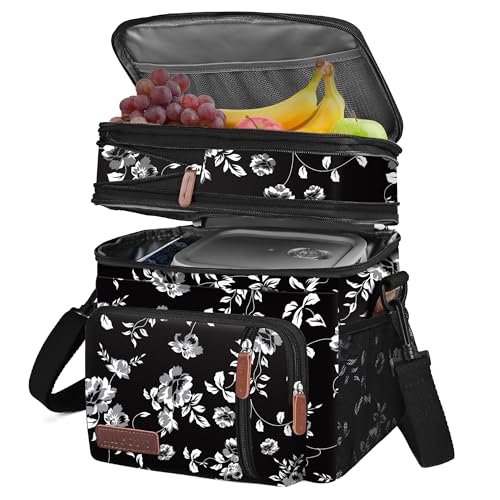 MIYCOO Lunch Bag for Women Men Double Deck Lunch Box - Leakproof Insulated Soft Large Lunch Cooler Bag, (White Flower,15L)