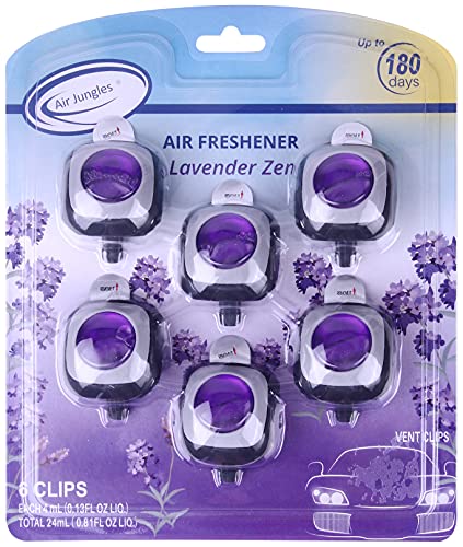 Air Jungles Lavender Zen Scent Car Air Freshener Clip, 6 Freshener Vent Clips, 4ml Each, Long Lasting, Up to 180 Days Car Refresher Odor Eliminator