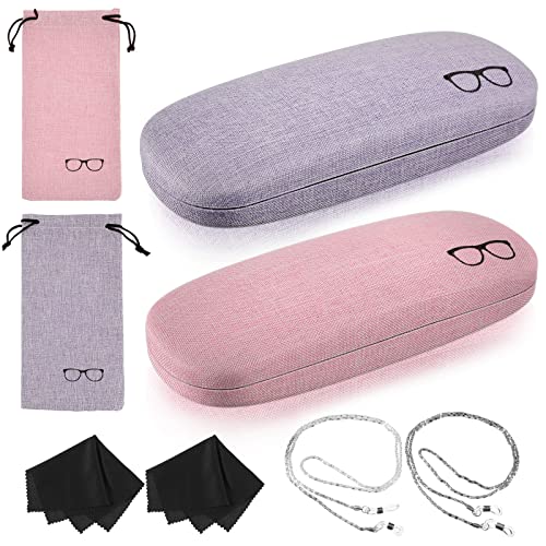 Frienda 2 Set Hard Shell Fabric Eyeglasses Case Kit Women Men Glasses Protective Case Storage Bag Glasses Chain Cleaning Cloth (Pink, Purple)
