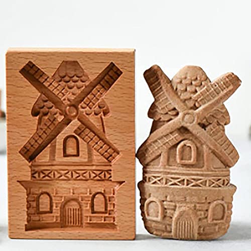 Carved Wooden Cookie Mold Kitchen Cookie Cutter Gingerbread Cookie Stamp Biscuit Press Stamp Molds Pine Cones Provence Rose Cookie Cutter for Cookie Stamp (Windmills)