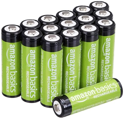 Amazon Basics 16-Pack Rechargeable AA NiMH Batteries, 2000 mAh, Recharge up to 1000x Times, Pre-Charged