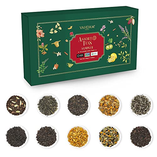 VAHDAM, Assorted Loose Leaf Tea Sampler Gift Set (10 Teas, 50+ Cups) Christmas Gift 2023 Ideas - Green Tea, Chai Tea & More | Gifts For Women, Men and Adults | Tea Gift Sets