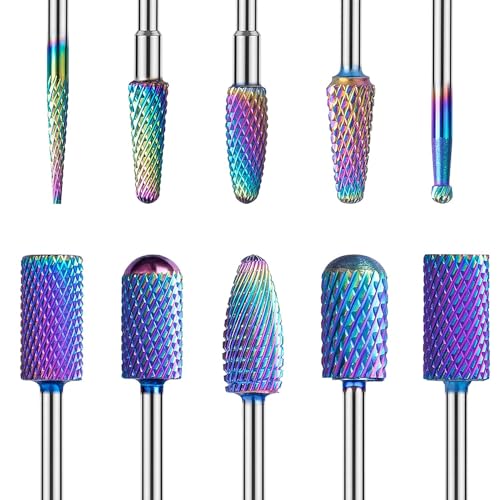 MelodySusie Nail Drill Bits Set, 10pcs Tungsten Carbide Nail Bits for Nail Drill E-file, 3/32 inch Bits Manicure Pedicure Remover Tools for Acrylic Gel Nails, Salon Home Nail Care Supplies, Colorful