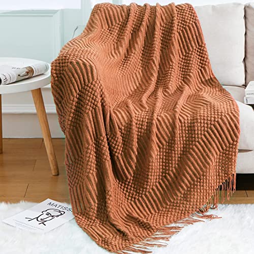Blagic Knitted Throw Blanket for Couch Soft Farmhouse Boho Fall Throw Blanket with Tassels Home Decorative Lightweight,Rust Throws for Bed/Chair/Sofa, Pineapple Textured, 50' W x 60' L