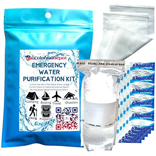 Emergency Water Purification Tablets Survival kit Aquatabs Water Purifying Tablets Whirl-Pak Water Storage & Purifier Bag Prefilters for Debris Filtration Camping Hiking Travel Boating (1)