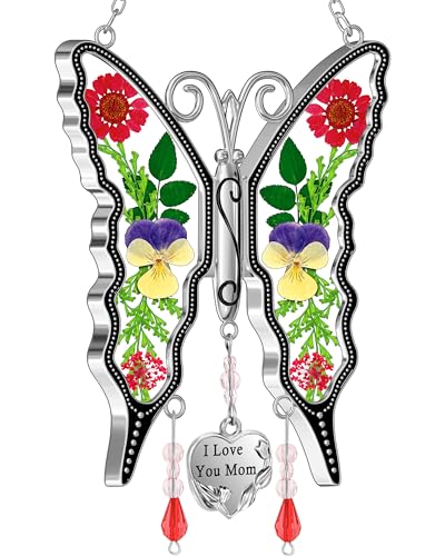 KY&BOSAM Gifts for Mom Suncatcher Butterfly Mom Gifts Mothers Day I Love You Mom-Stained Glass Sun Catcher Hanging Wind Chime Ornament for Window Gift for Mother`s Day Valentine`s Birthday Christmas