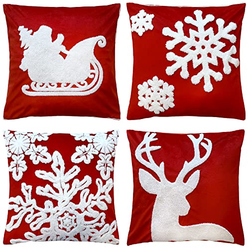 WOMHOPE Christmas Throw Pillow Covers Velvet Embroidery Vintage Cushion Covers for Decoration Sofa Couch Bed Santa Deer Snowflake Set of 4 (Red)