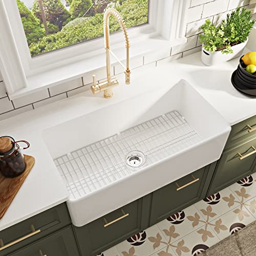 DeerValley Farmhouse Sink, DV-1K505 Grove 36'L x 18'W Fireclay Farmhouse Sink White Apron Front Deep Single Bowl Kitchen Sink with Sink Grid and Basket Strainer