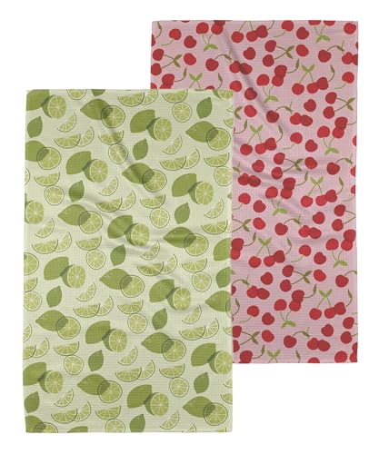 GEOMETRY Kitchen Tea Towel - Quick Dry Microfiber Cloth Dish Towels for Kitchen Drying - Premium Quick Dry Towel - Cheery Cherries + Limes (Cherry Limeade 2-Pack Set)