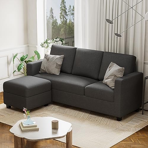 Flamaker Sectional Sofa, L-Shaped Couch with Reversible Chaise, Fabric, Dark Grey, 3 Seater