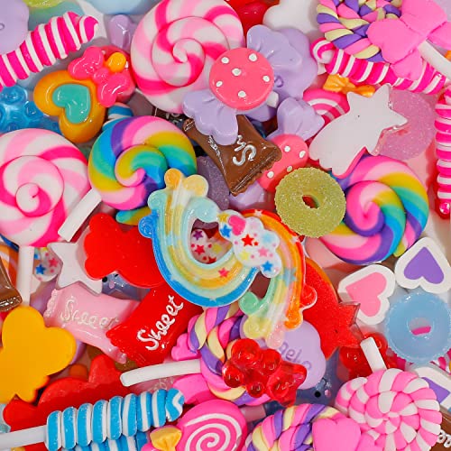 120Pcs Candy Charms, Resin Flat Back Candy Slime Charms Lollipops, Candy Embellishments for DIY Crafts and Ornament Scrapbooking