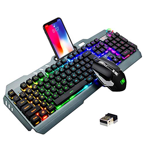 Wireless Gaming Keyboard and Mouse,16 Kinds RGB LED Backlit Rechargeable Keyboard Mouse with 4800mAh Battery Metal Panel,Mechanical Feel and Gaming Mute Mouse for Computer Gamers(Black RGB Backlit)