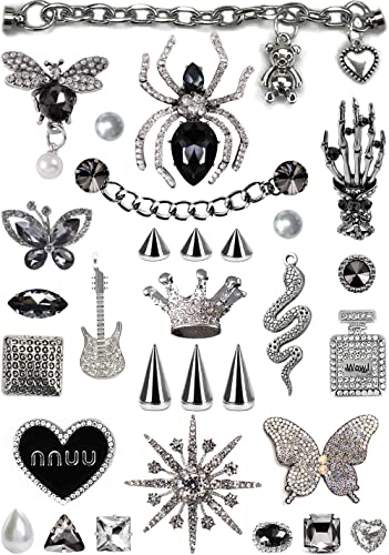 ZOKUZO Goth Bling Croc Charms Women Cute Designer Sliver Butterfly Punk Metal Jewels Rhinestone Gems Diamond Chains Crock Pins Shoe Charms Decorations Accessories for Adults Girl 30pcs