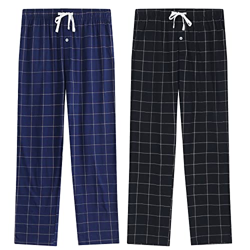 Vulcanodon Mens Cotton Pajama Pants-2Pack, Lightweight Sleep Pants with Pockets Soft Lounge Pajama Pants for Men Plaid Pj Bottoms(Navy-Plaid/Black-Plaid, L)