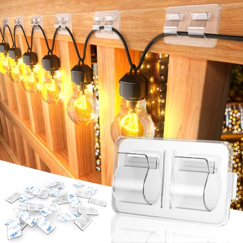 Keviyi Hooks for Outdoor String Lights Clips: 25Pcs Heavy Duty Cable Clips with Waterproof Adhesive Strips for Hanging Christmas Light - Outside UV-Resistant Clear Sticky Cord Holders Rope Organizer
