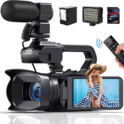 Video Camera Camcorder 4K, Auto Focus 64MP 60FPS 18X Digital Zoom Vlogging Camera for YouTube WiFi Webcam 4' Touch Screen Video Camera with Lens Hood, Stabilizer, Microphone, 64G SD Card, Fill Light