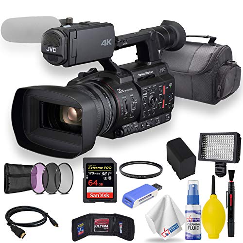 JVC GY-HC500U Handheld Connected Cam 1' 4K Professional Camcorder W/UV and HD Filter Kit + Soft Case + Sandisk Extreme Pro 64GB Card + LED Light + HDMI Cable + Clean and Care Set + More