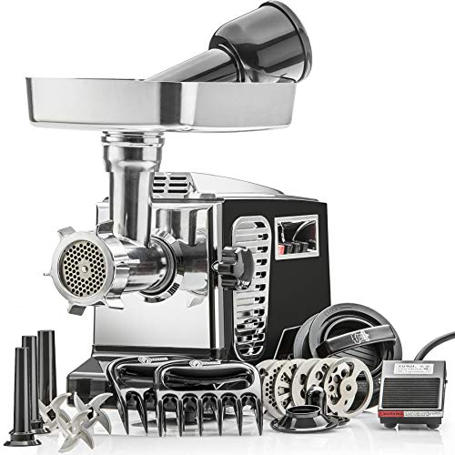 STX Turboforce II 'Platinum' w/Foot Pedal Heavy Duty Electric Meat Grinder & Sausage Stuffer: 6 Grinding Plates, 3 S/S Blades, 3 Sausage Tubes, Kubbe, 2 Meat Claws, Burger-Slider Patty Maker - Black