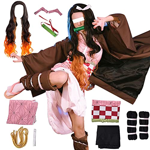Kamado Cosplay Costume Outfit Kimono with Hairwear and Bamboo(SuitB,55in/140cm)