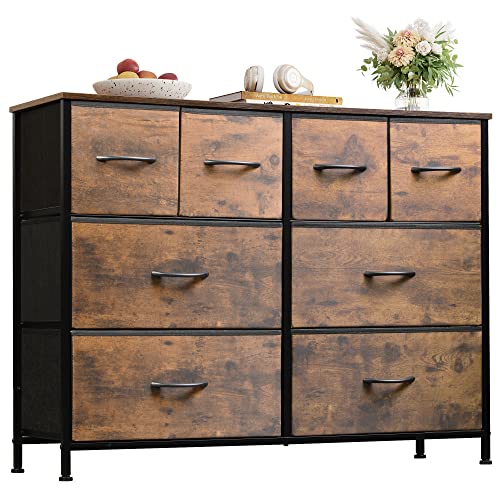 WLIVE Dresser for Bedroom with 8 Drawers, Wide Fabric Dresser for Storage and Organization, Bedroom Dresser, Chest of Drawers for Living Room,Closet,Entryway,Nursery,Rustic Brown Wood Grain Print