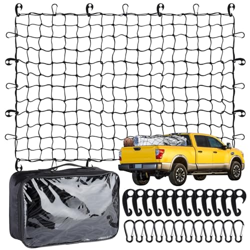 Heavy Duty Cargo Net for Pickup Truck Bed - 4' x 6' Stretches to 10' x 15' - Small 4'x4' Latex Bungee Net Mesh with 24 Clips - Compatible with Ford, Chevy, Dodge Ram, Toyota