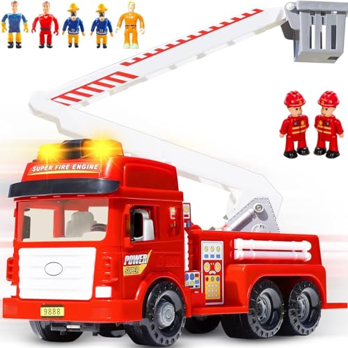 FUNERICA Big Fire Truck Toy with Lights and Sounds, Large Folding Ladder, Doors That Open, and 7 Play Fireman Figures - Red Firetruck Engine for Kids Toddlers Boys & Girls