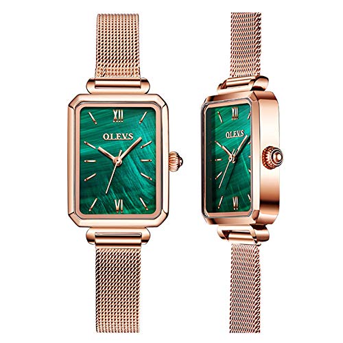 OLEVS Fashion Small Square Gold Watches for Women Green Stone Square Metal Watch Bling Ladies Analog Quartz Watches for Women Classic Retro Green Face Womens Watch