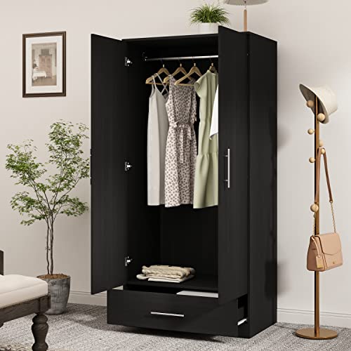 AIEGLE 2 Doors Wardrobe Armoire with Drawer, Freestanding Armoire Wardrobe Closet with Hanging Rod, Bedroom Wood Clothes Storage Cabinet Organizer in Black(31.5' W x 18.9' D x 66.9' H)