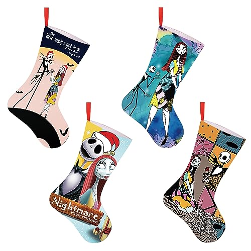 4 Pack Christmas Stockings 20 Inch Nightmare Ornaments Large Double Layer Christmas Stocking for Holiday Before Christmas Family Home Party Xmas Tree Decor Jack Sally Halloween Decorations