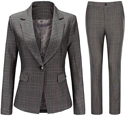 YUNCLOS Women's Vintage 2 Piece Plaid Suit Set One Button Stylish Blazer and Pants Gray