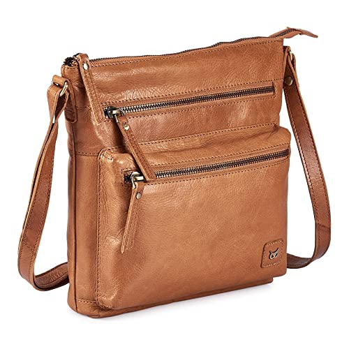 Wise Owl Accessories Small Crossbody Bags for Women Real Leather Purse & Handbags Crossover Over the Shoulder Pocketbook Handmade Gift (Cognac Multi-Wax)