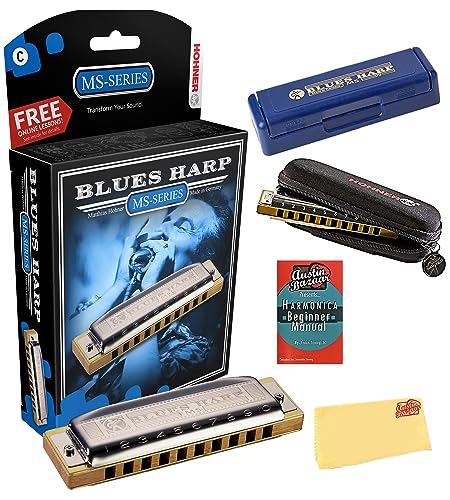 Hohner Harmonica 532 Blues Harp MS - Key of C Bundle with Zip Case, Harmonica Beginner Manual, and Austin Bazaar Polishing Cloth