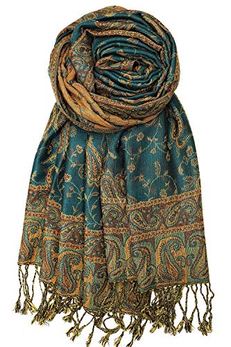 Achillea Soft Silky Reversible Paisley Pashmina Shawl Wrap Scarf w/Fringes (Dark Seagreen)