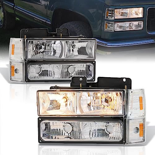 AJP Distributors Replacement Clear Lens Chrome Housing Amber Reflector Driving Headlights Bumper Lights Lamps Set For C/K 1500 2500 3500 Pickup Sierra Yukon Suburban 1994 1995 1996 1997 1998 1999 2000