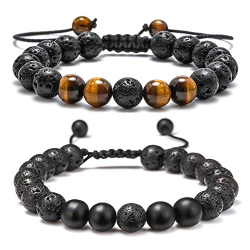 M MOOHAM Lava Rock Bracelets for Men - Tiger Eye Mens Bracelet Mens Gifts Black Matte Agate Bracelet for Men Adjustable Beaded Bracelets for Men Gifts for Men Christmas Gifts for Him