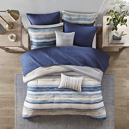 Madison Park Marina Comforter Quilt Combo Set - Modern Luxury Design, All Season Down Alternative Bedding, Matching Shams, Decorative Pillows, King/Cal King(104'x92') Seersucker Blue 8 Piece