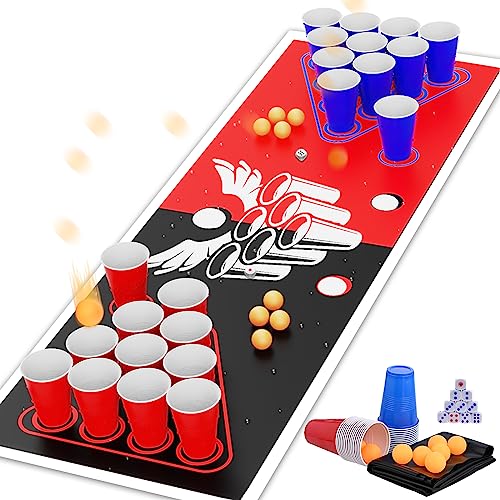 GOLDGE New Beer Pong Table Mat, Drinking Games for Adults Party, 8pcs Beer Pong Balls, 30pcs Beer Pong Cups