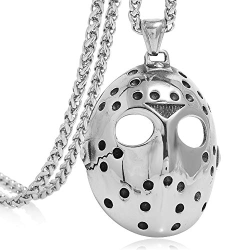 FIZIZDH Men's Stainless Steel Jason's Mask Hollow Openwork Pendant Necklace, 24 inch Keel Link Chain