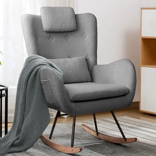 LEMBERI Rocking Chair Nursery, Teddy Upholstered Padded Seat Rocking Chair with Headrest, High Backrest Glider Accent Chair for Bedroom, Nursery, Living Room (Dark Grey)