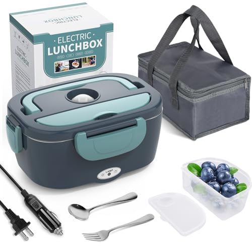 Herrfilk Electric Lunch Box Food Heater, 3 in 1 Ultra Quick Heated Lunch Boxes for Adults, 12V/24V/110V Portable Food Warmer for Car/Truck/Office With Fork Spoon and Insulated Carry Bag