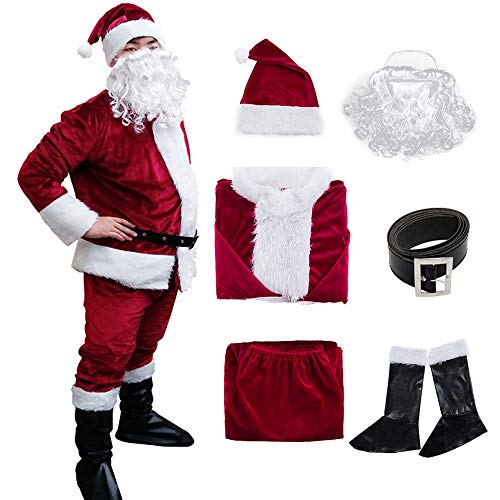 Santa Claus Suit Christmas Flannel Velvet Plush Adult Classic Costume for Men (Wine red 6PCS, XL)