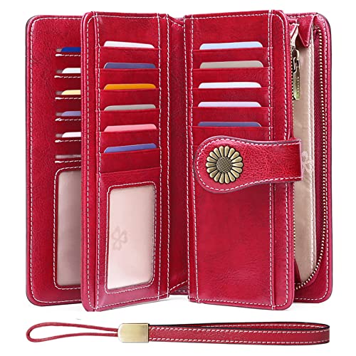 SENDEFN Wallets for Women Genuine Leather Credit Card Holder with RFID Blocking Large Capacity Wristlet