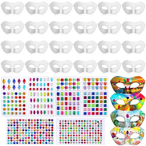 Leyndo 24 Pack Mache Art Masks Paper and Gem Stickers Self Adhesive Jewels Stickers Half Face White Craft Masks for Cosplay