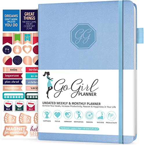 GoGirl Planner and Organizer for Women – Compact Size Weekly Planner, Goals Journal & Agenda to Improve Time Management, Productivity & Live Happier. Undated – Start Anytime, Lasts 1 Year – Light Blue