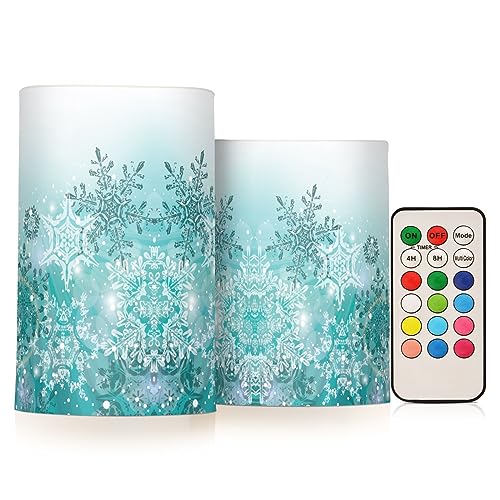 Silver Winter Teal Turquoise Snowflakes Christmas Flickering Flameless Candles Battery Operated with Remote Timer,Tea Light Candles LED Pillar Votive Candles set of 2 for Outdoor Indoor Decorations