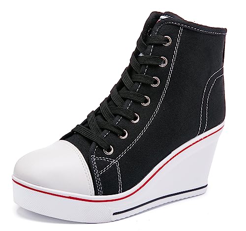 Hurriman Wedge Sneakers for Women, High Heel Platform High Top Canvas Shoes Lace up Zipper Fashion Sneakers, Tenis Zapatos de Cuña Plataforma Tacón para Mujer, Suitbale for Y2K & Harley Quinn Cosplay