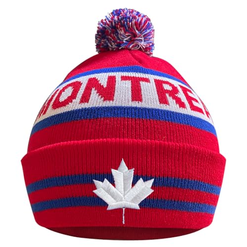 Dutern Canada Maple Leaf Montreal City Hockey Embroidery Classic Pom Cuff Montreal Beanie Hat Cuffed Winter Hat Knit Toque Skull Cap Red